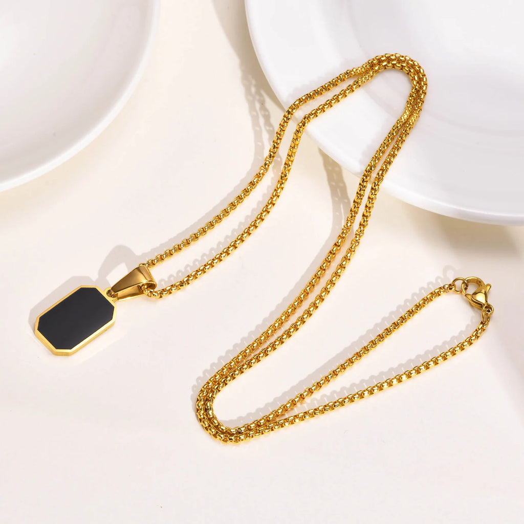 Casual Mens Geometric Square Necklaces,Black Enamel Rectangle Pendant with Rope Box Long Chain Collar,Stylish Jewelry Gifts