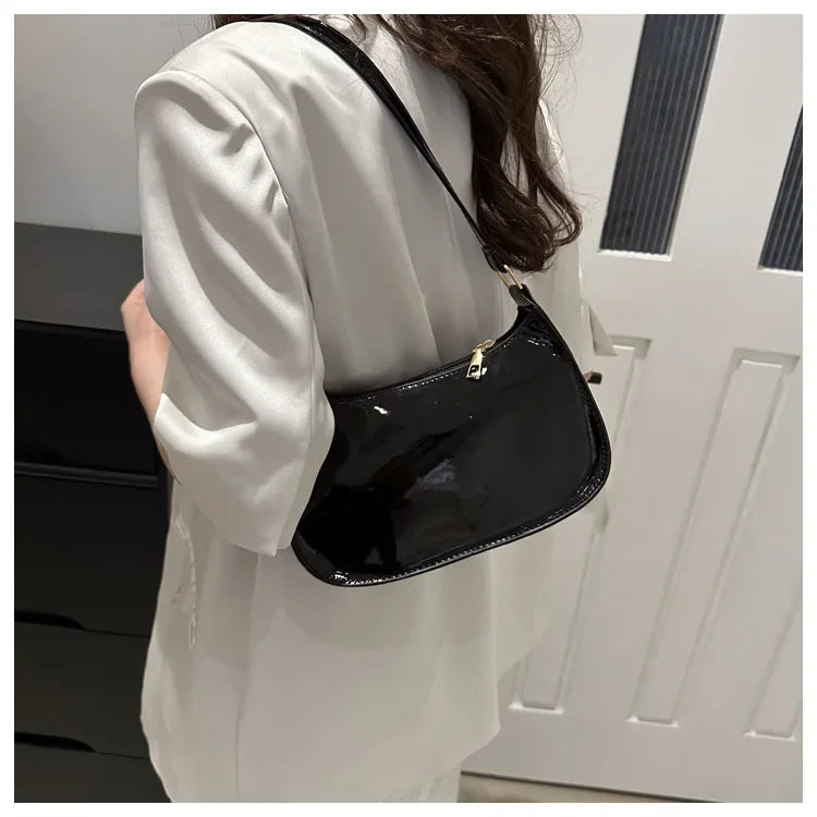 Vintage Wine Red Patent Leather Glossy Underarm Bag 2024 New Minimalist Lady Zipper Shoulder Bag Elegant Versatile Handbag Trend
