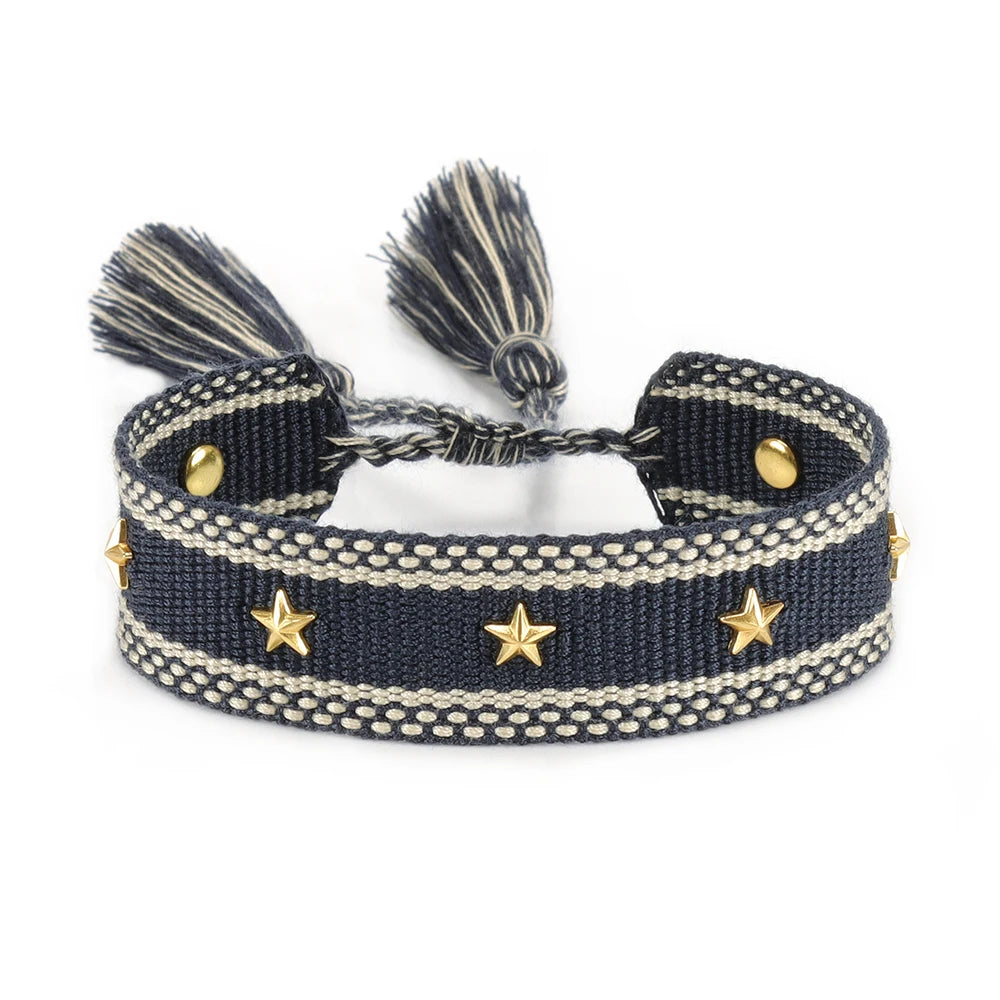 Braided Rope Bracelet Adjustable for Women with Stainless Steel Charms Arm Stacking Jewelry