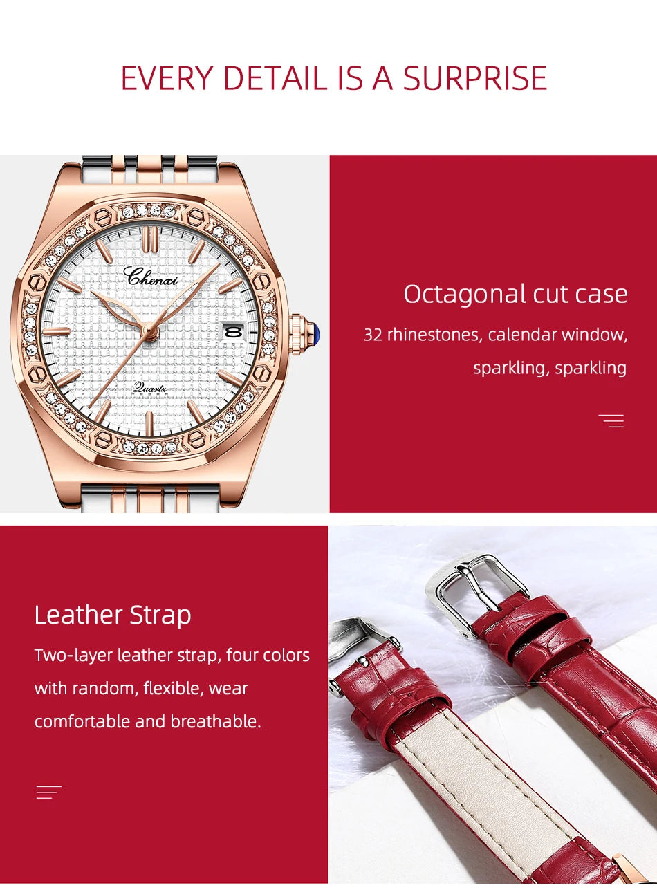 CHENXI Quartz Movement Woman Watch Simple Elegant Luxury Rose Gold Steel and Leather Strap Waterproof Ladies Dress Wristwatch
