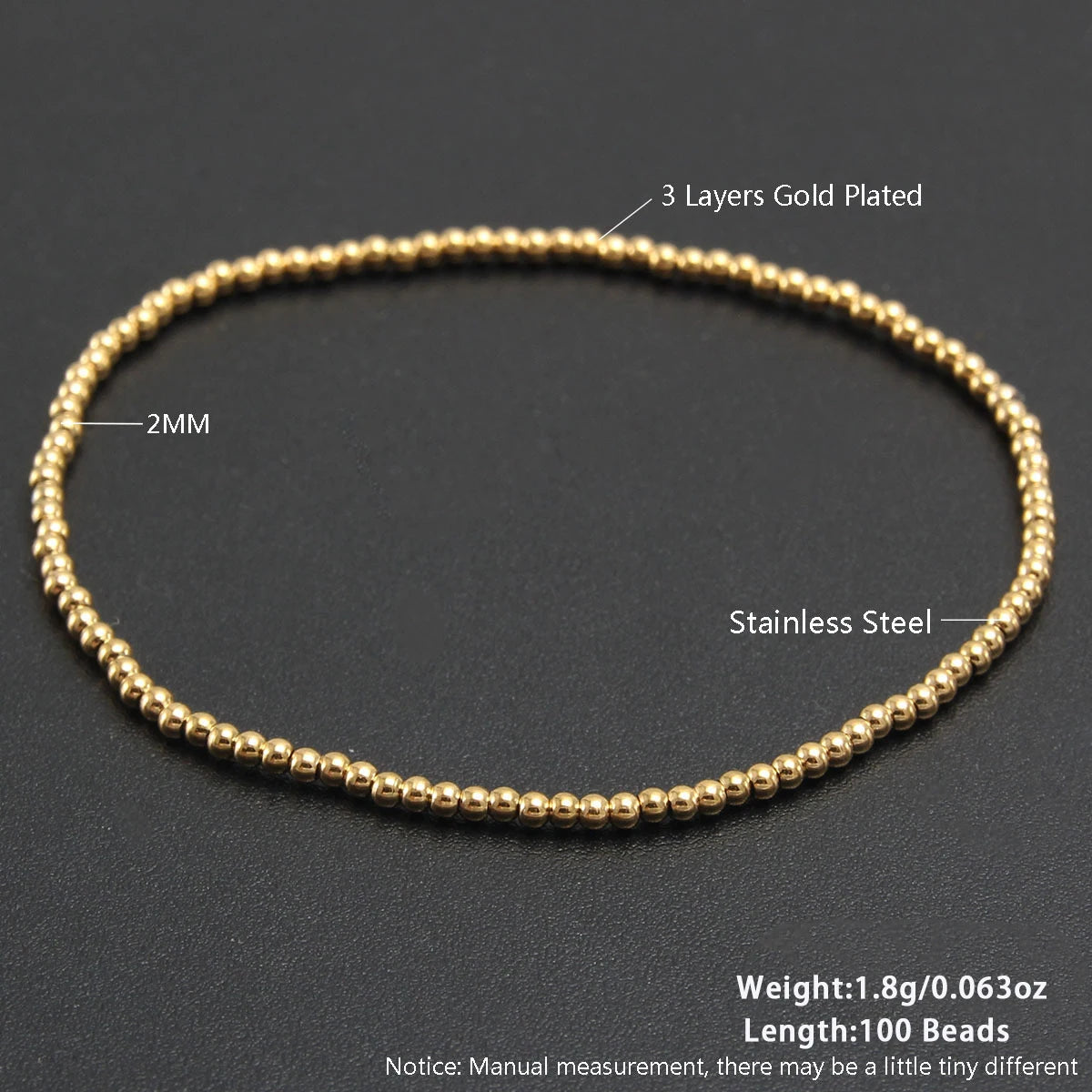 MHS.SUN Fashion Waterproof Smooth Stainless Steel Bracelets 2-10mm Elastic Beaded Gold Plated Stackable Bracelet Women Jewelry