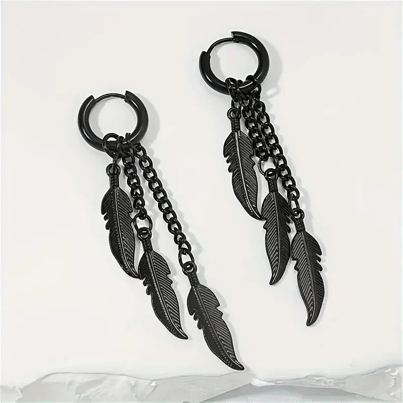 Fashionable and Creative Stainless Steel Colorful Feather Pendant Earrings Street Charm Cool Earrings for Men and Women
