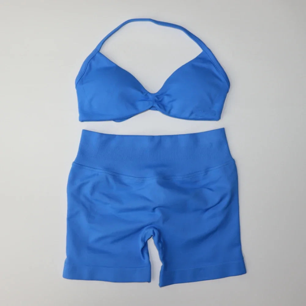 Seamless Sportswear Workout Set Women Two Piece Strappy Yoga Bra Top Scrunch Shorts Gym Clothes