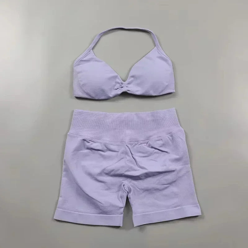 Seamless Sportswear Workout Set Women Two Piece Strappy Yoga Bra Top Scrunch Shorts Gym Clothes