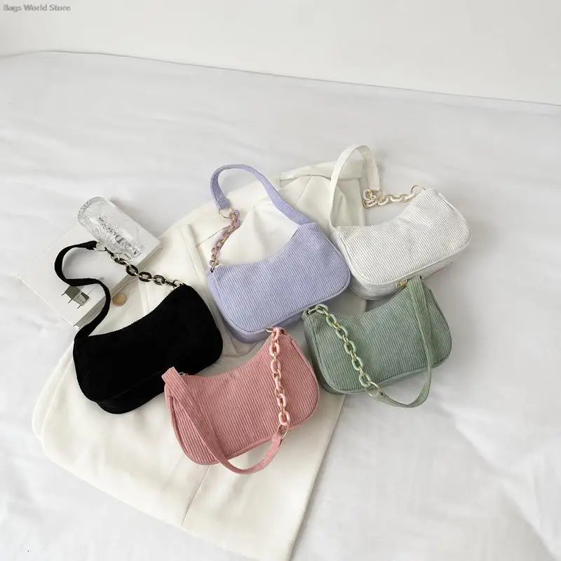 1pc Fashion Vintage Women Handbags Corduroy Underarm Bag Casual Women Shoulder Bags Solid Color Zipper Female Handbag Clutch