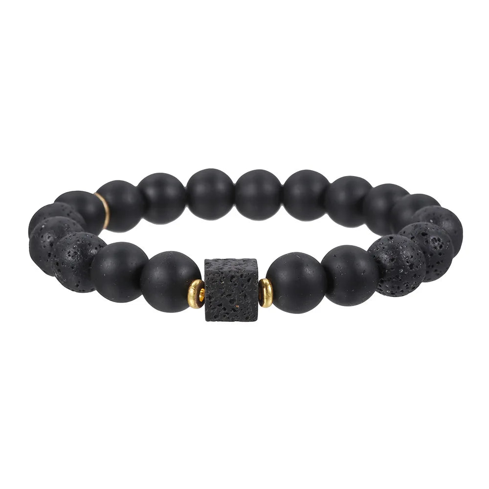YIZIZAI Black Matte Onyx with Cube Lava Bracelet Yoga Balance Energy Stretch Bracelet Men Women Natural Gemstone Healing Jewelry
