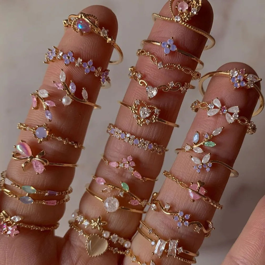 Fashion Moon Heart Flower Butterfly Rings For Women Sweet Girls Exquisite Shiny Rhinestone Crystal Open Ring 2025 Romantic Jewel