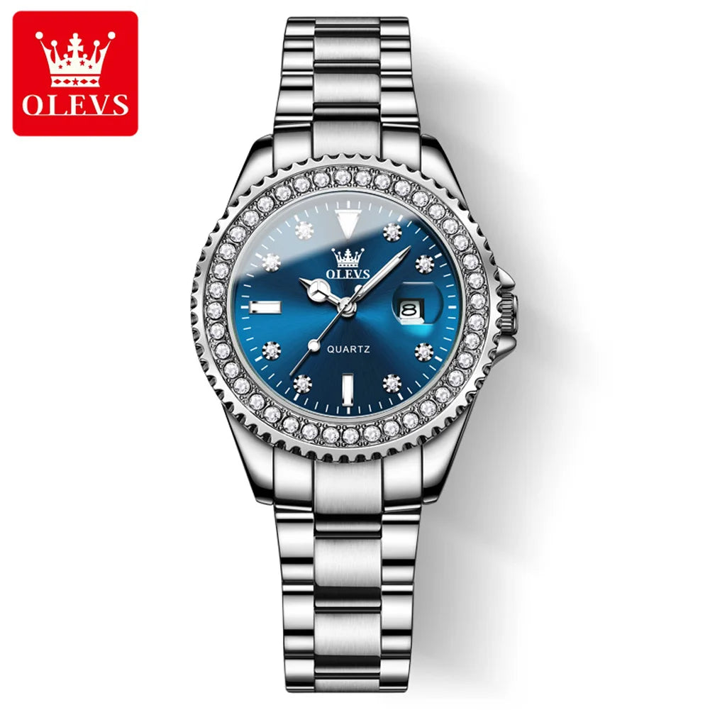 OLEVS 9945 Top Brand Original Quartz Watch for Women Luxury Diamond Lap Calendar Hand Clock Stainless Steel Ladies Wristwatches