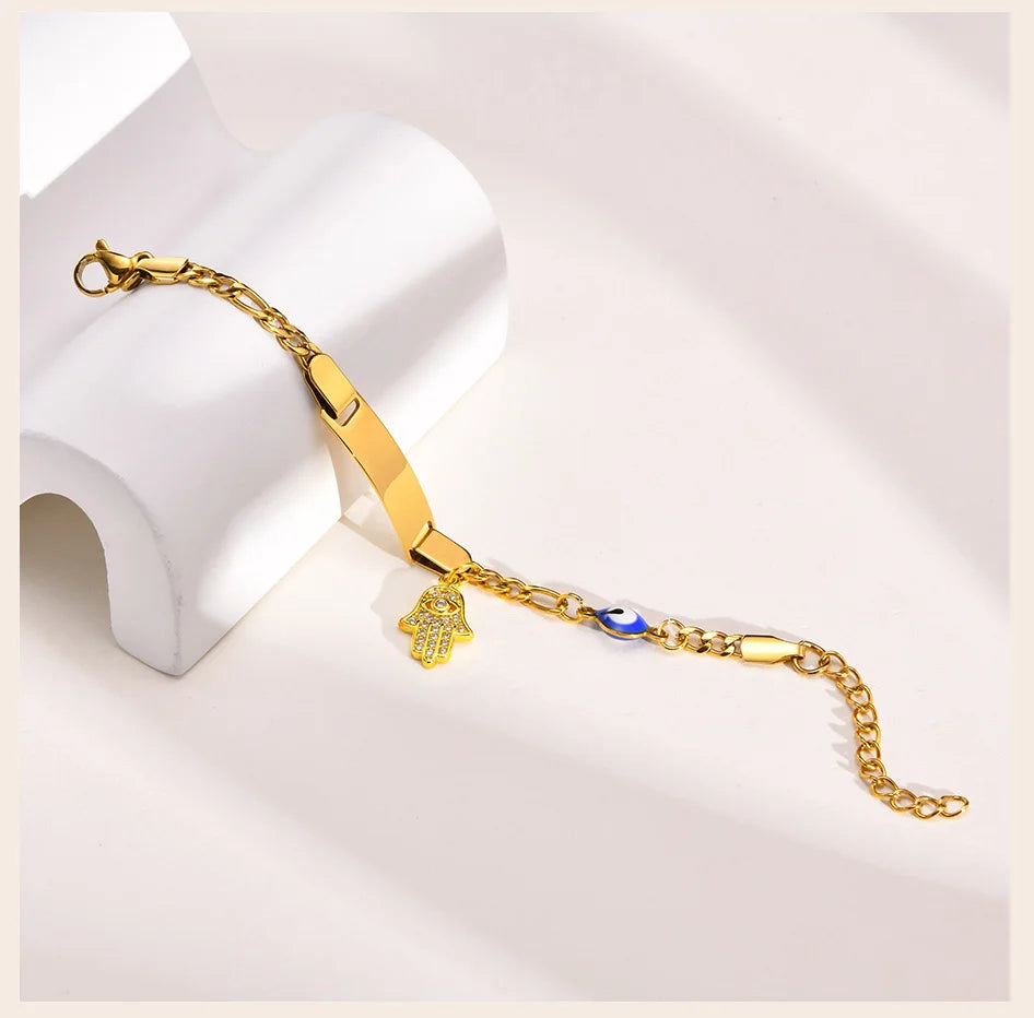 Hamsa Evil Eye Chain Bracelet  for Little Boy Girl, Engrave Customized Name Bracelet, Hand of Fatima Lucky Jewelery