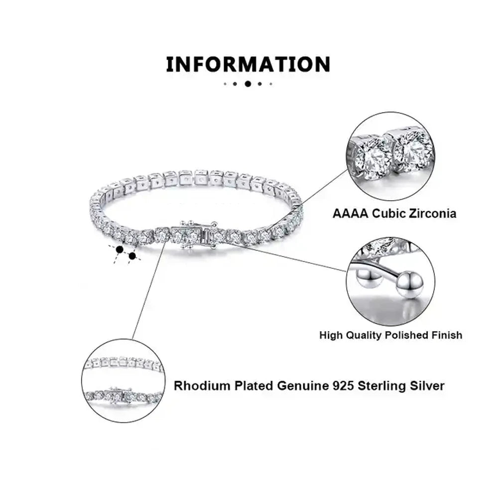 QooLady High Quality 925 Sterling Silver Round Shiny CZ Tennis Chain Bracelet for Women Wedding Engagement Jewelry Gifts SB006