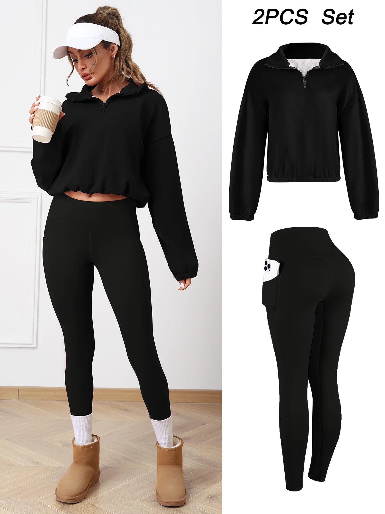 2PCS Thermal Yoga Set Fleece Fintness Suit Women's Sports Set  Fleece Pullover Sweatshirt with Non-fleece-lined  Leggings