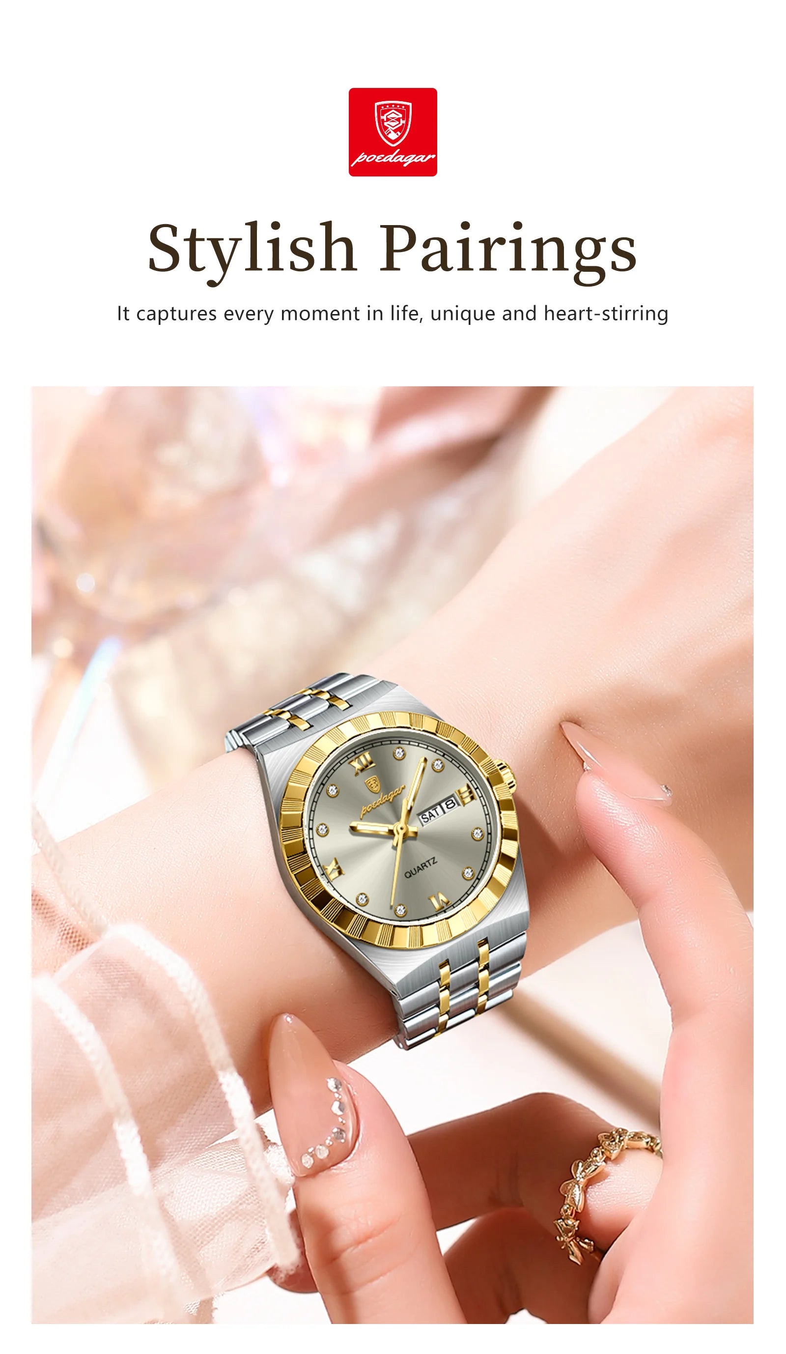 POEDAGAR Luxury Ladies Watch - Luminous Waterproof Week Date Stainless