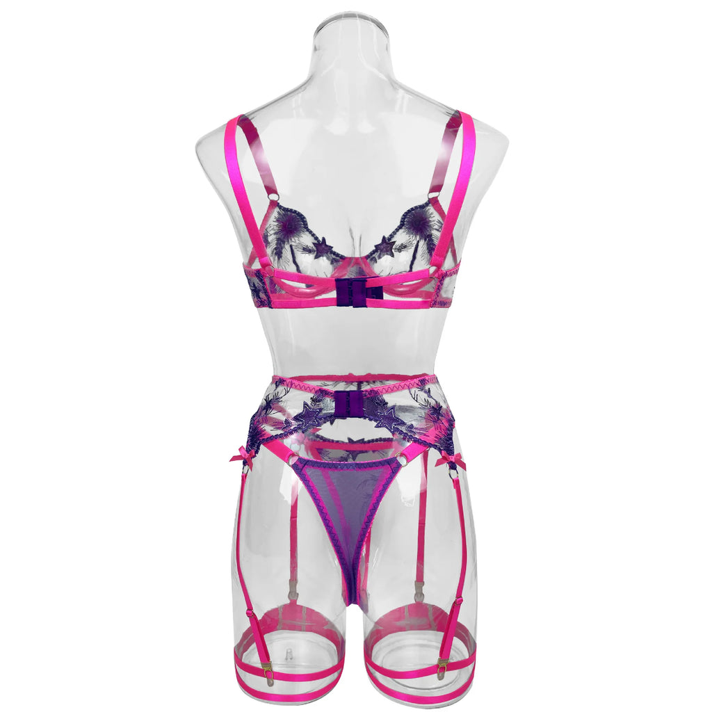 Ellolace Pink Fancy Lingerie Floral Luxury Lace See Through Underwear Sensual Garter Belt Set Contrast Color Fairy Outfit