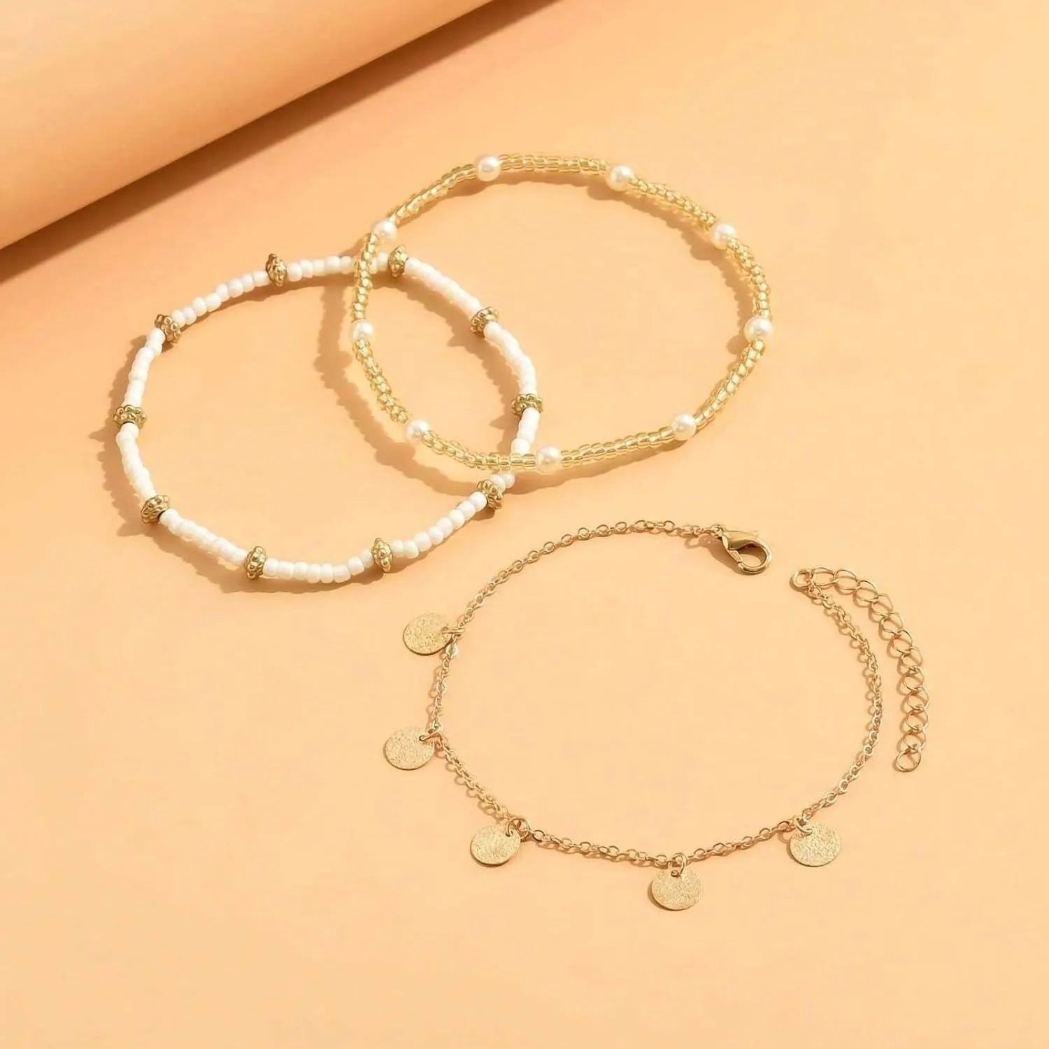 Gold Plated Boho Bead Adjustable Anklet, Hawaiian Beach Seashell Pearl Foot Jewelry Gifts Shell Ankle Bracelet Set for Women