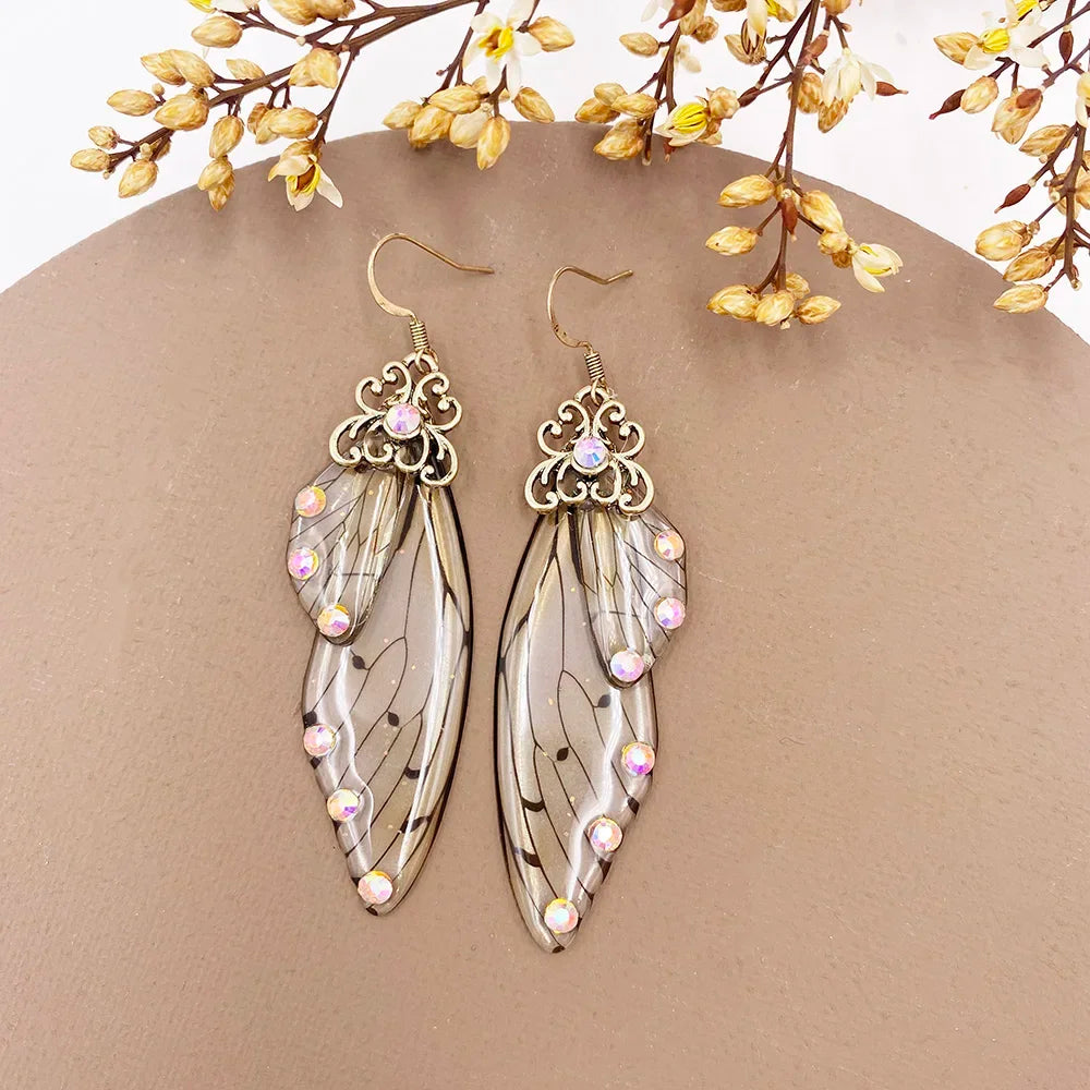 Handmade Fairy Simulation Wing Earrings Insect Butterfly Wing Drop Earrings Foil Rhinestone Earrings Romantic Bridal Jewelry