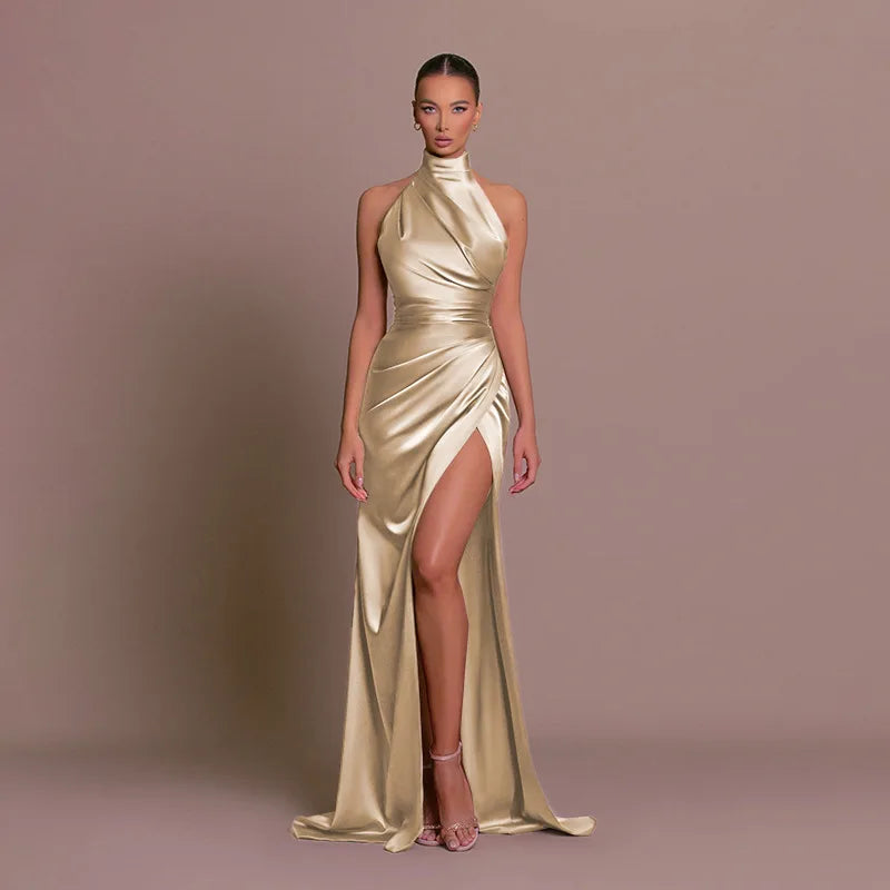Sexy Satin Halter Dress - Ruched Slit Long Evening Gown