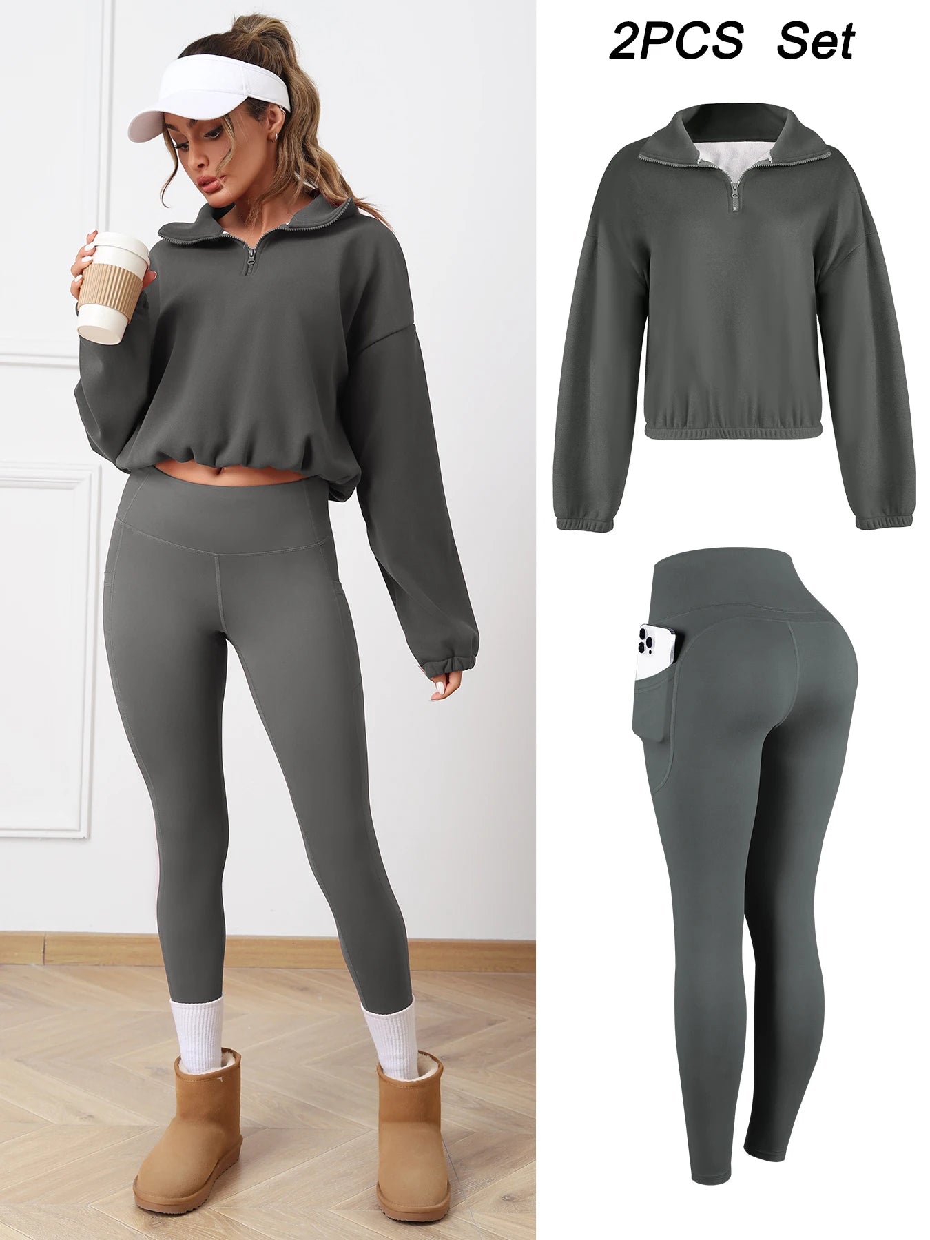 2PCS Thermal Yoga Set Fleece Fintness Suit Women's Sports Set  Fleece Pullover Sweatshirt with Non-fleece-lined  Leggings