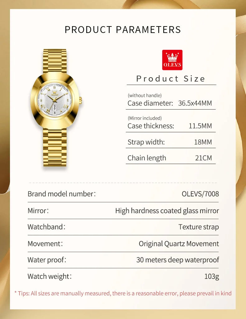 OLEVS Top Luxury Brand Ladies' Watch Elegant Fashion Gold Stainless Steel Women's Watches Calendar Waterproof Quartz Wristwatch