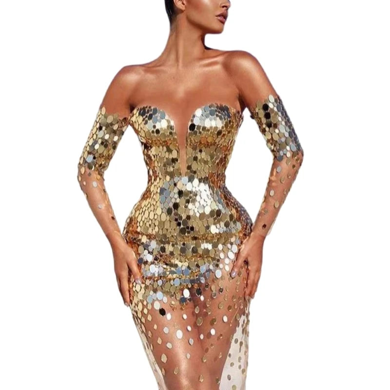 Long Sleeve Glitter Sequined Dress - Mesh Bodycon Evening Dress