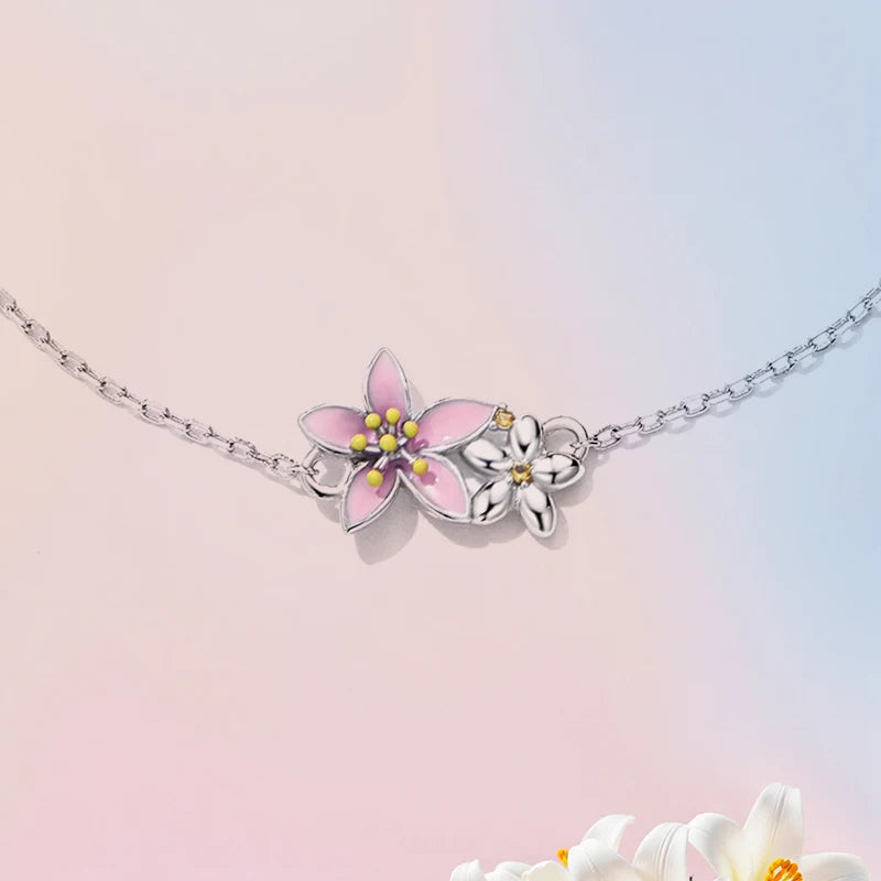 WOSTU 925 Sterling Silver Original Pink Sakura Bracelet Adjustable MINI Bracelet Chain Link Fit MINI Pendant Fashion Jewelry