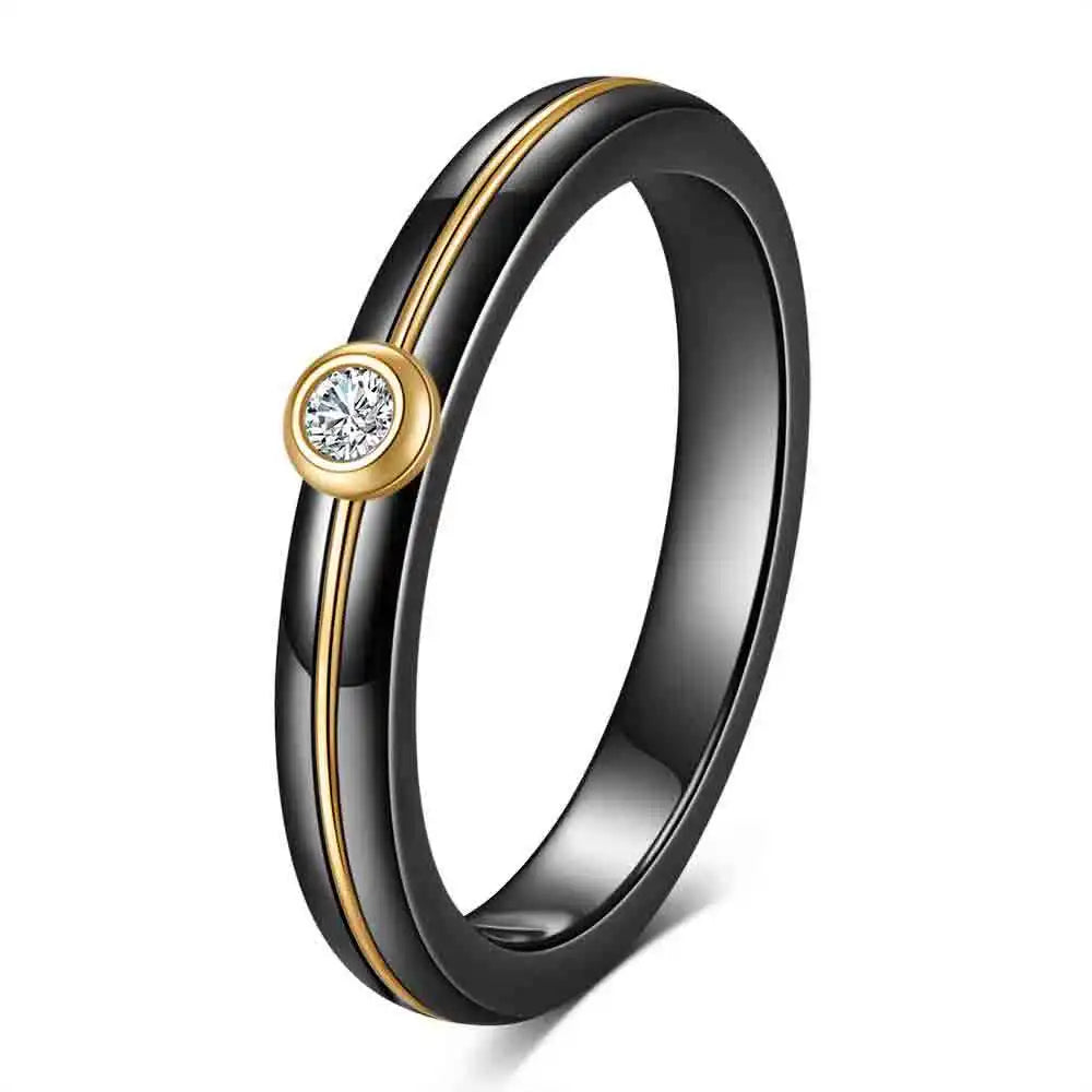 HNSP 4MM luxury Zircon Ceramic Black White Ring For Women Finger Jewelry Accessories