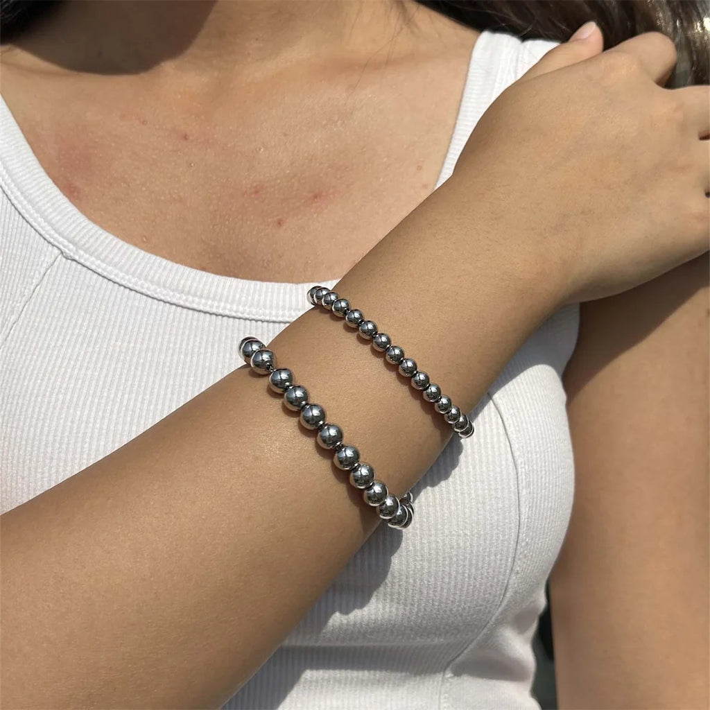 MisenBaBa Stainless Steel Ball Beads Cuff Bracelet for Women Gold Silver Color Beaded Bracelets Charms Metal Statement Jewelry
