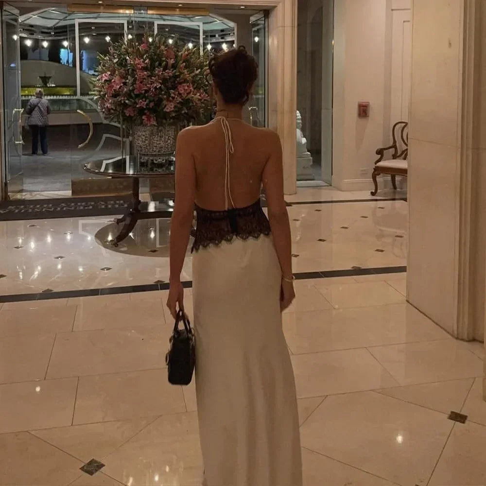 Deep V-Neck Backless Dress - Lace Satin Halter Maxi Evening Gown