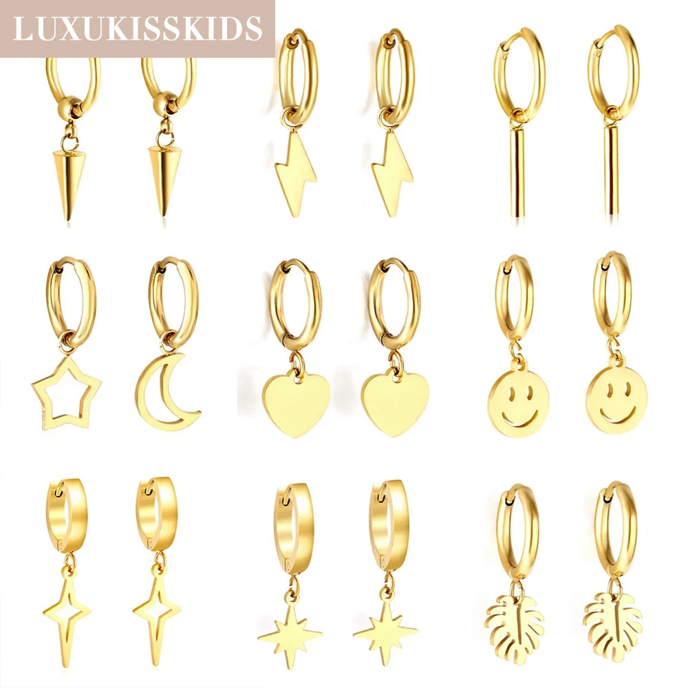LUXUKISSKIDS Punk Smile Face Gold/Steel Color Drop Earrings Simple Hiphop Round Pendients Fashion Clips For Man/Woman/Girls