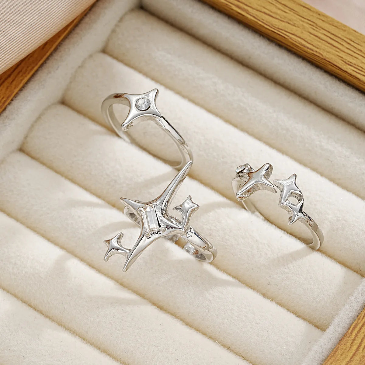 3pcs Cold Wind Starlight Inlaid Zircon Open Ring Set Handicraft, Soul Collision Trendy Jewelry Accessories 2024