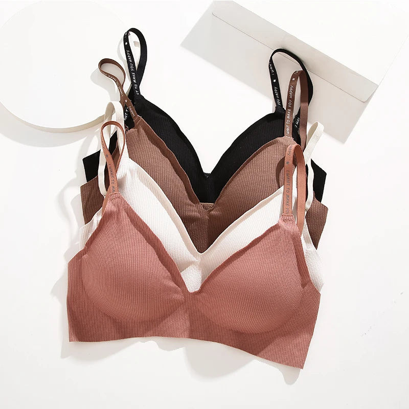 FINETOO 1PCS Women Sexy Seamless Bras Deep V Neck Bralette Sexy Lingerie Letter Strap Tops Push Up Underwear Wireless Brassiere
