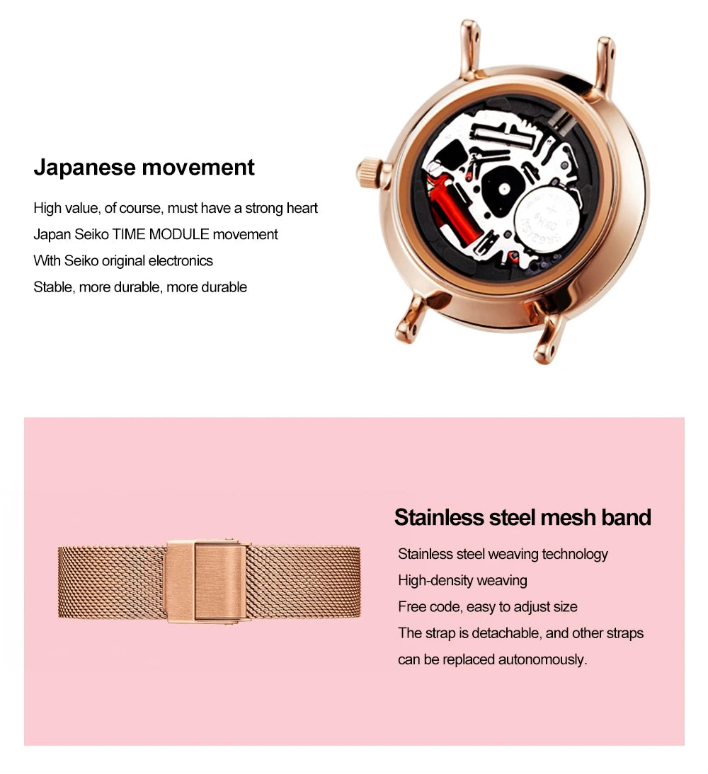 Women Luxury Watch 36mm Fashionable Frosted Dial Japanese Movement Rhinestone Rose Gold Stainless Steel Mesh Women Dress Watches