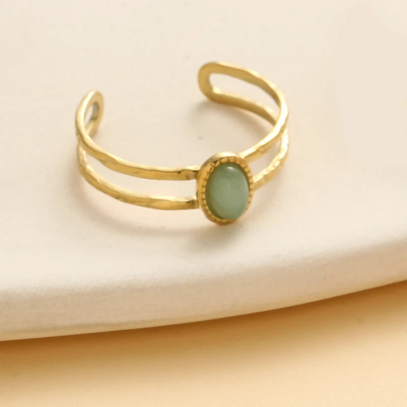 Inlaid Natural Stone Stainless Steel Engagement Rings for Women Adjustable Opening Simplicity Vintage Ring Fashion Jewelry