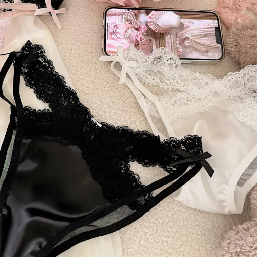 Cross Belt Lace Transparent Sexy Women's Underpants Low Waist Mesh Hollowed Bow Panties Cotton Crotch Breathable Briefs Lingerie