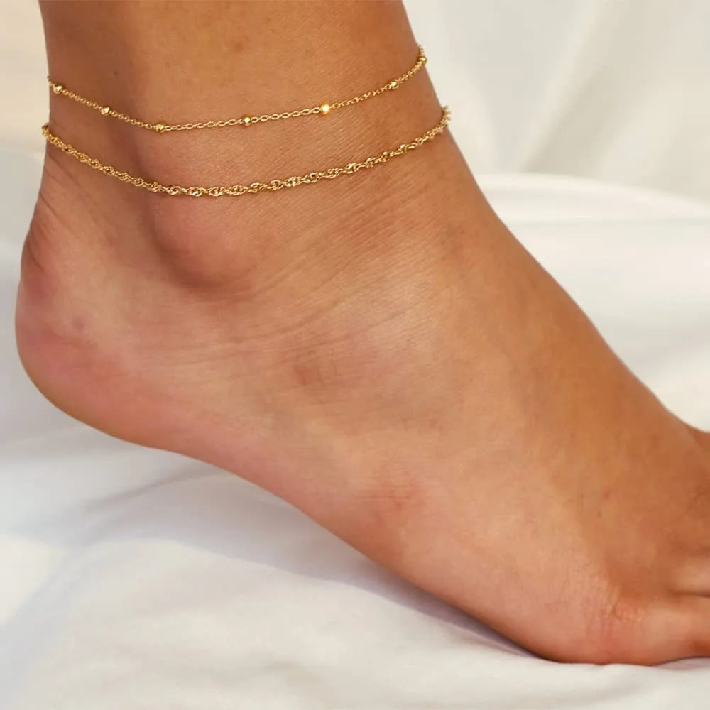 Gold Anklets for Women Waterproof Anklet Beaded Bracelets Stackable Bracelets Gold Plated Jewelry Gifts Non Tarnish Lightweight