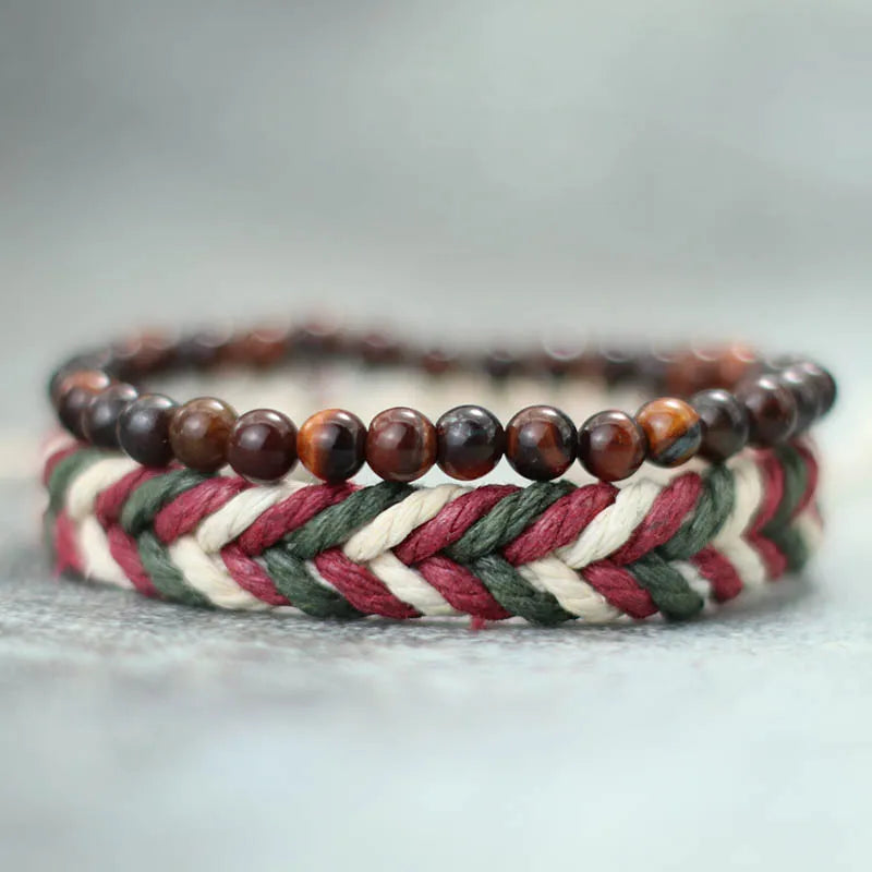 Fashionable 2Pcs Men Bracelet Set Coconut Husk Beads Braslet Lava Tiger Eyes Turquoises Stone Healing Braclet Bileklik Erkek