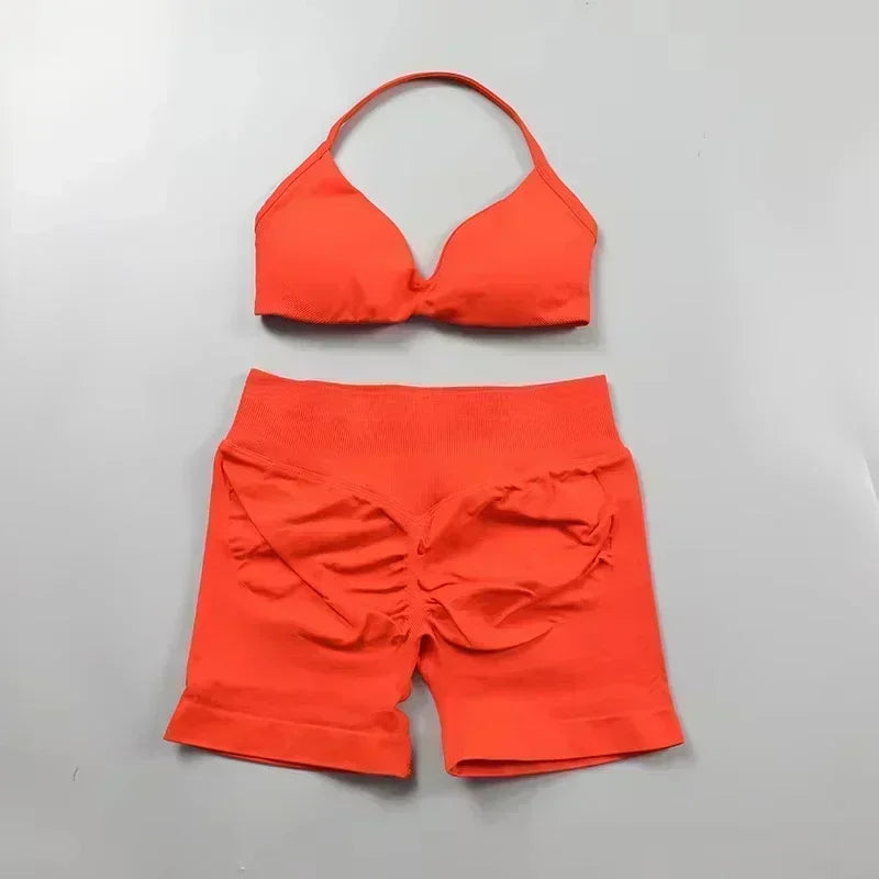 Seamless Sportswear Workout Set Women Two Piece Strappy Yoga Bra Top Scrunch Shorts Gym Clothes
