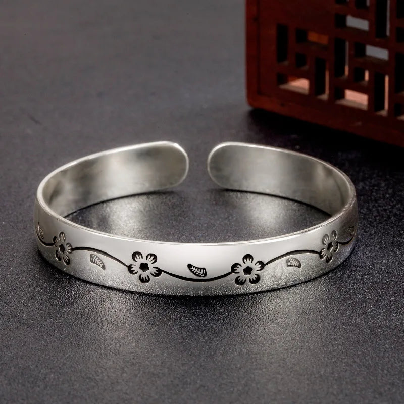 Buyee 925 Sterling Silver Female Bangles Circle Plum Bossom Open Bangles for Women Fashion Fine Jewelry Bangles Gift