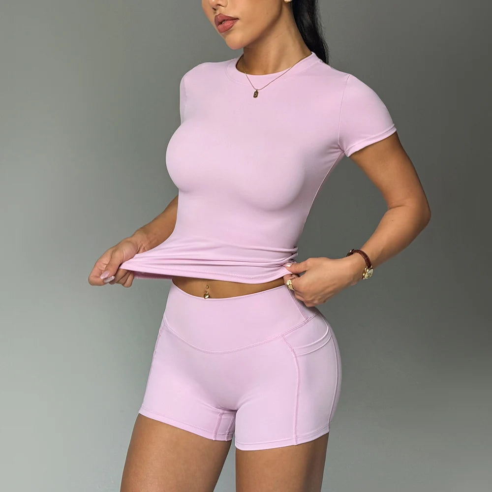 Seamless Yoga Set Women Workout Clothes Short Sleeve Crop Top Pocket Slim Gym Shorts 2 Piece Sports Suit Active Wear