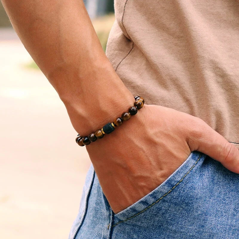 Unique Natural Stone Bracelet Men 8mm Obsidian Tiger Eyes Beaded Braclet Homme Hand Accessories Black Strand Brazalete Pulseira