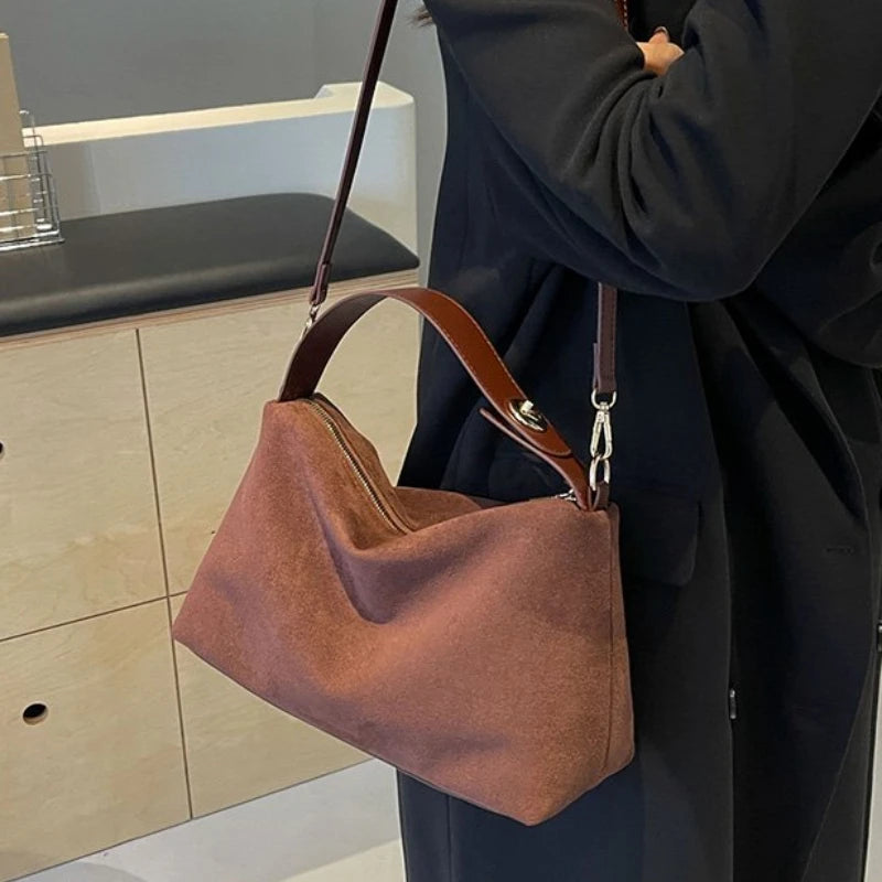 New Solid Color PU Zipper Women's Bag Suede Large Capacity Women's Shoulder Bag Fashion Versatile Casual Dual Purpose Handbag