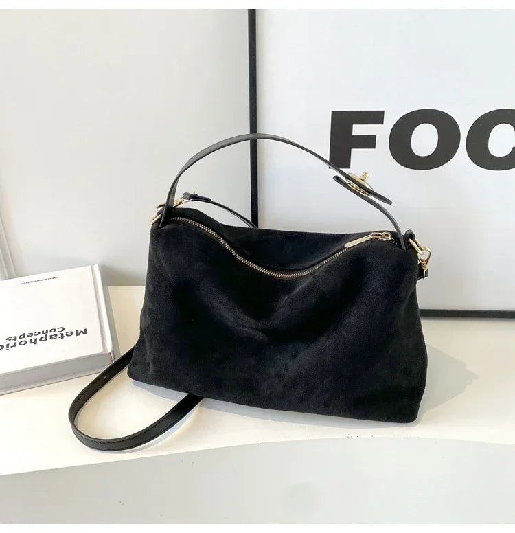 New Solid Color PU Zipper Women's Bag Suede Large Capacity Women's Shoulder Bag Fashion Versatile Casual Dual Purpose Handbag