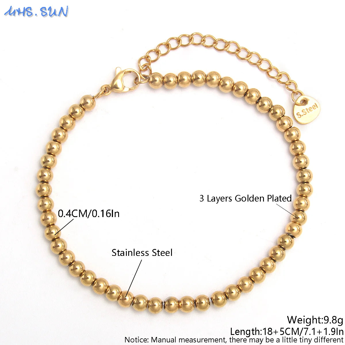 MHS.SUN Waterproof Smooth Beads Bracelet Adjustable Gold Silver Color Stainless Steel Round Balls Bracelets Unisex Party Jewelry