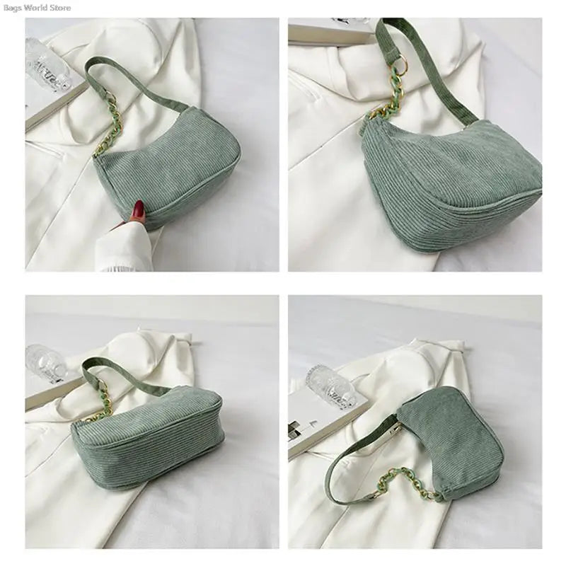 1pc Fashion Vintage Women Handbags Corduroy Underarm Bag Casual Women Shoulder Bags Solid Color Zipper Female Handbag Clutch
