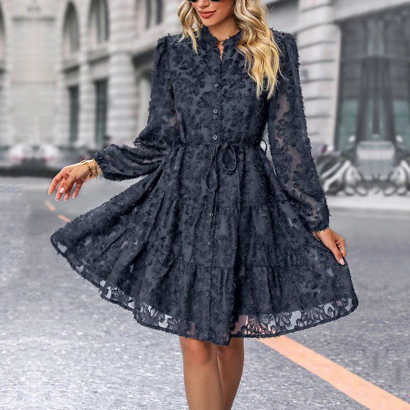 JIM & NORA  Autumn Maxi Dress For Women Casual Hollow Crochet Bohemian Long-Sleeve Loose Beach Robe Ladies Holiday Fall Vestidos