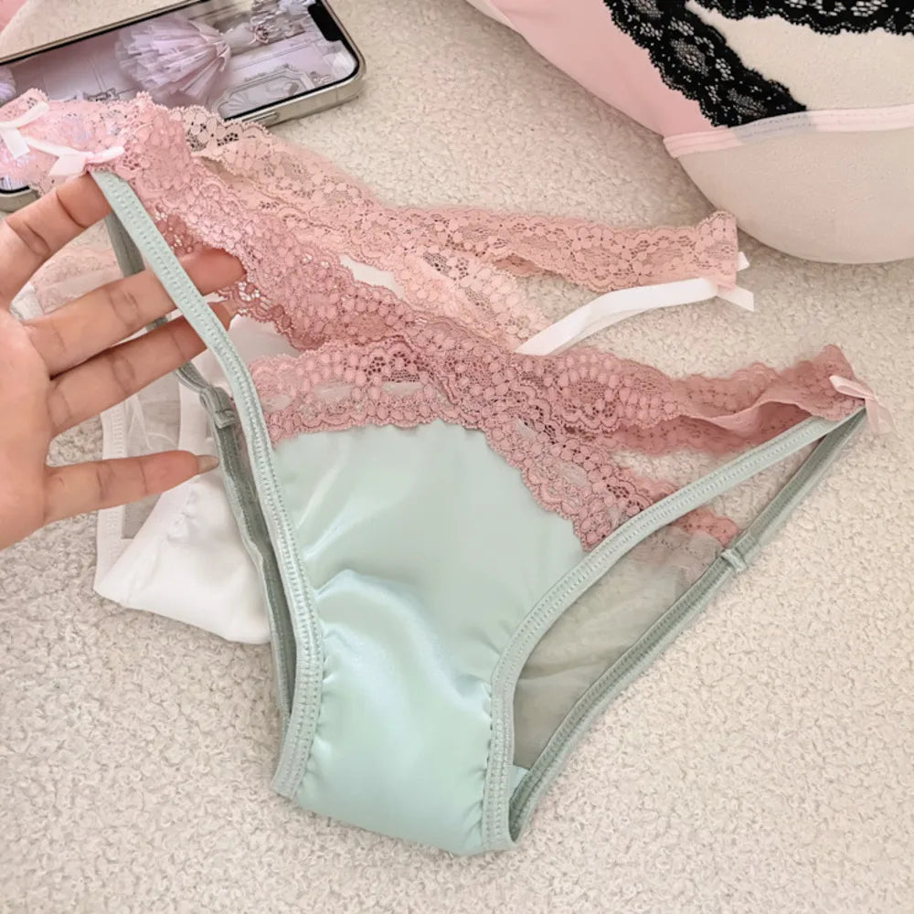 Cross Belt Lace Transparent Sexy Women's Underpants Low Waist Mesh Hollowed Bow Panties Cotton Crotch Breathable Briefs Lingerie
