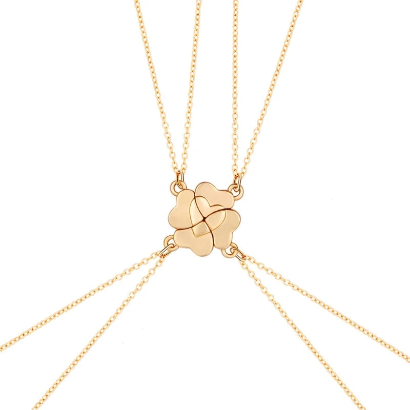 4 Piece Four Leaf Clover Stitching Necklace Magnet Stone BFF Friendship Heart Pendant Chain Choker Necklace Jewelry Dropship