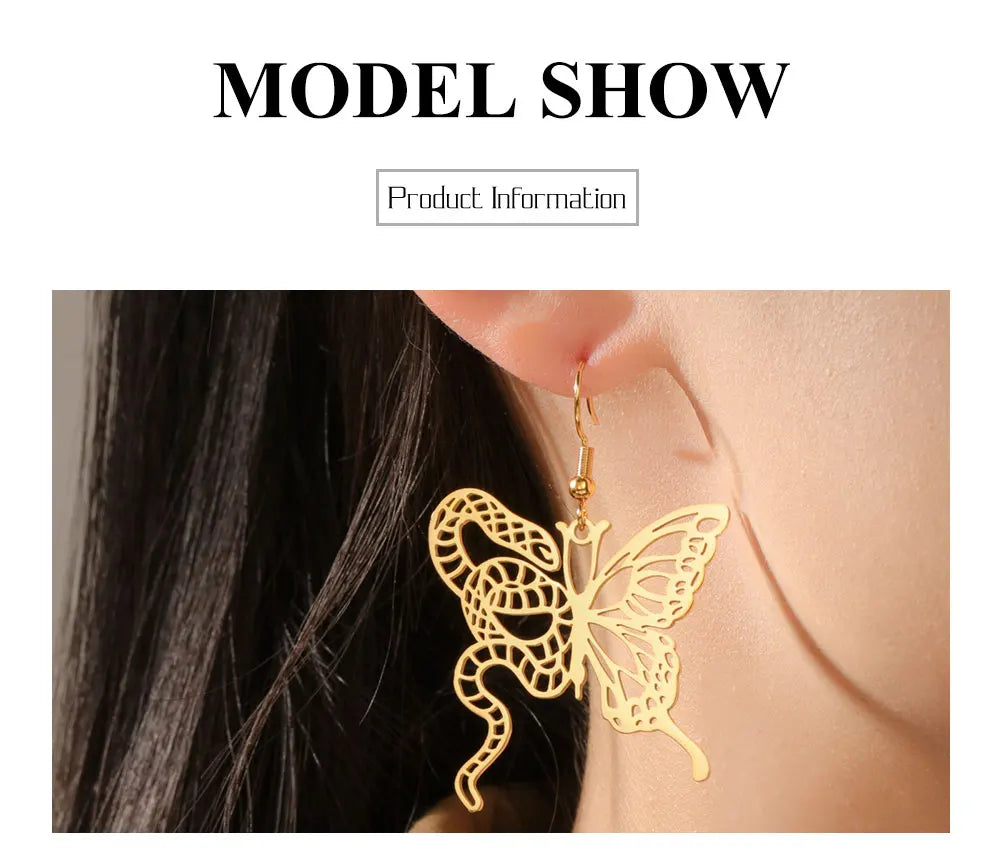 Lucktune Butterfly Snake Drop Earrings Stainless Steel Animals Earrings For Women Fashion Jewelry Woman Accesories Party Gifts