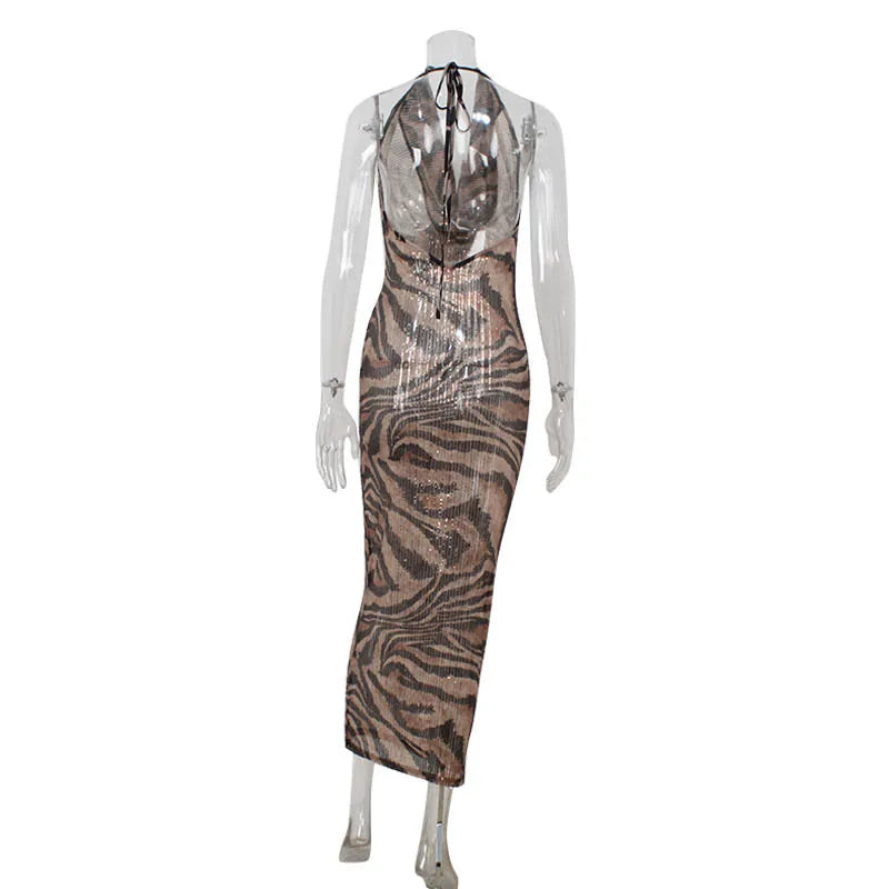 Sequined Leopar Printed Dresses For Women Fashion Sexy Party Halter Deep Swing Neck Sleeves Slim Fit Hip Wrap Long Vestidos Robe
