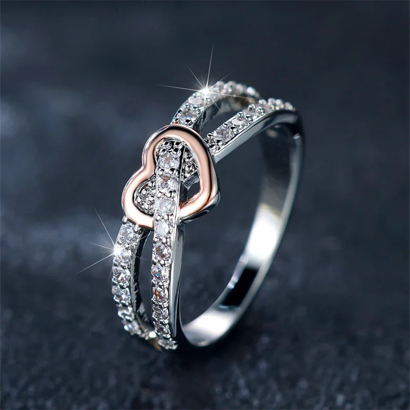 White Zircon Heart Ring - Rose Gold Silver Engagement Wedding Band