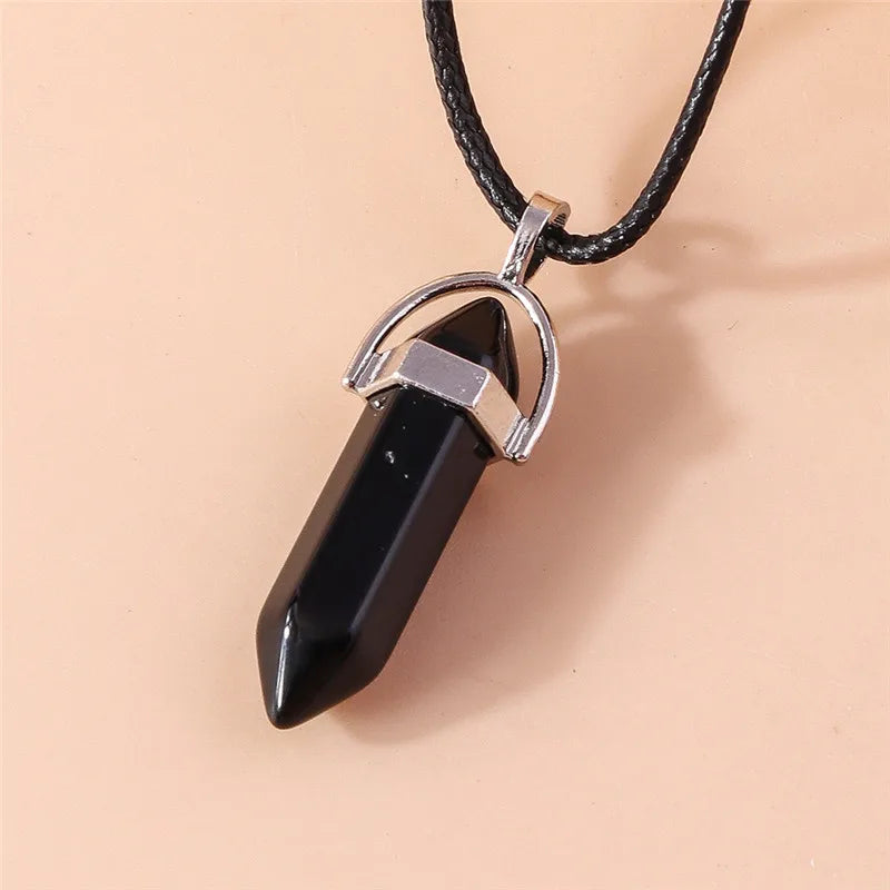 Natural Stone Quartz Lapis Opal Amethyst Pink Crystal Stone Hexagonal Column Pendant Necklaces Leather Chain Bullet Necklace